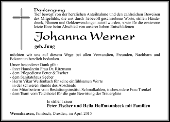 Traueranzeige von Johanna Werner von Südthüringer Presse