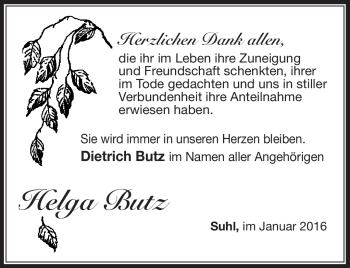 Traueranzeige von Helga Butz von Südthüringer Presse