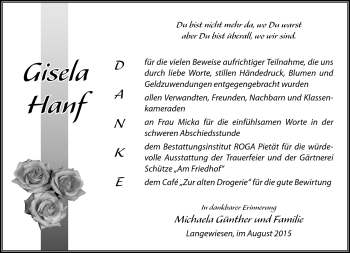 Traueranzeige von Gisela Hanf von Südthüringer Presse