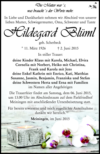 Traueranzeige von Hildegard Blüml von Südthüringer Presse