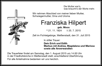 Traueranzeige von Franziska Hilpert von Frankenpost