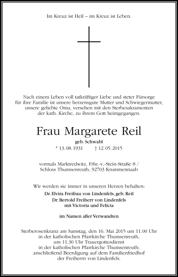 Traueranzeige von Margarete Reil von Frankenpost