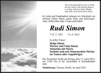 Traueranzeige von Rudi Simon von Südthüringer Presse