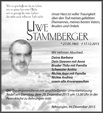 Traueranzeige von Uwe Stammberger von Südthüringer Presse