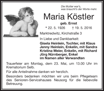 Traueranzeige von Maria Köstler von Frankenpost