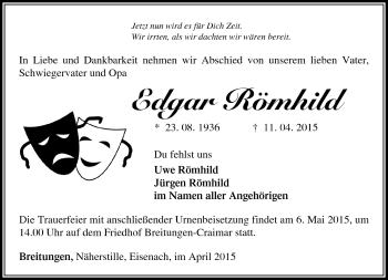 Traueranzeige von Edgar Römhild von Südthüringer Presse