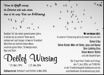 Traueranzeige von Detlef Wirsing von Südthüringer Presse