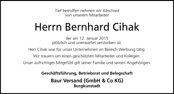 Traueranzeige von Bernhard Cihak von Neue Presse Coburg