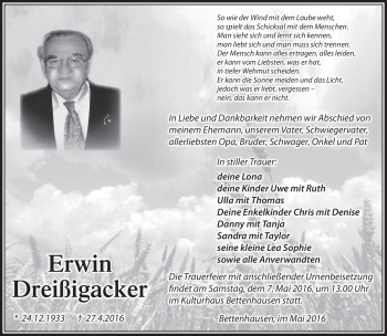 Traueranzeige von Erwin Dreißigacker von Südthüringer Presse