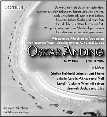 Traueranzeige von Oskar Anding von Südthüringer Presse