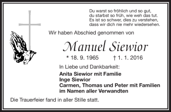 Traueranzeige von Manuel Siewior von Frankenpost