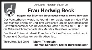 Traueranzeige von Hedwig Beck von Frankenpost