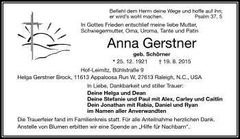 Traueranzeige von Anna Gerstner von Frankenpost