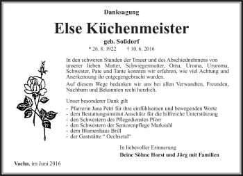 Traueranzeige von Else Küchenmeister von Südthüringer Presse