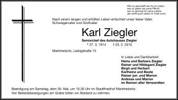 Traueranzeige von Karl Ziegler von Frankenpost