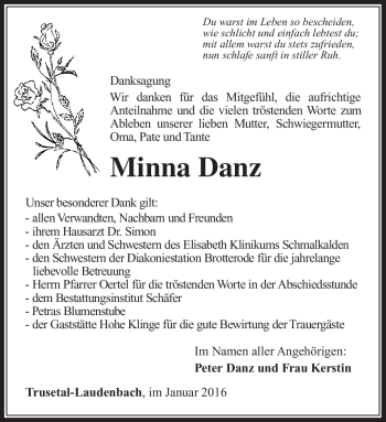 Traueranzeige von Minna Danz von Südthüringer Presse