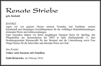 Traueranzeige von renate Striebe von Südthüringer Presse