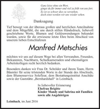 Traueranzeige von Manfred Metschies von Südthüringer Presse