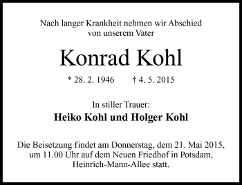 Traueranzeige von Konrad Kohl von Südthüringer Presse