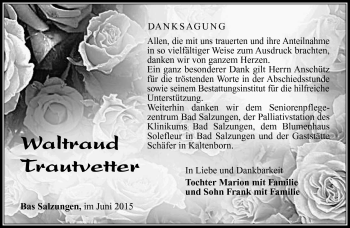 Traueranzeige von Waltraud Trautvetter von Südthüringer Presse