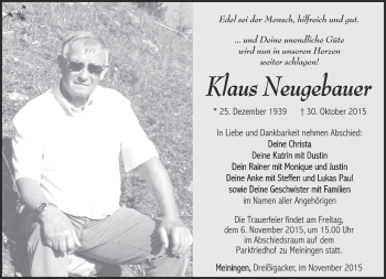 Traueranzeige von Klaus Neugebauer von Südthüringer Presse