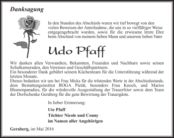 Traueranzeige von Udo Pfaff von Südthüringer Presse