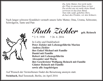 Traueranzeige von Ruth Zickler von Südthüringer Presse