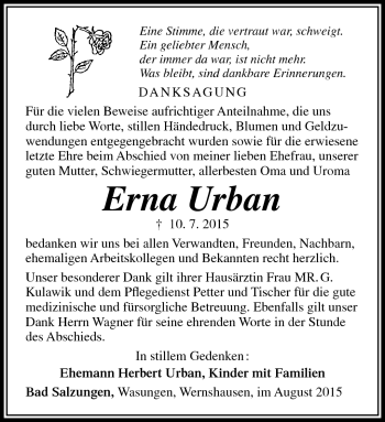 Traueranzeige von Erna Urban von Südthüringer Presse