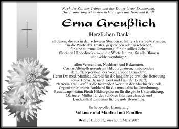 Traueranzeige von Erna Greußlich von Südthüringer Presse