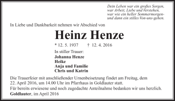 Traueranzeige von Heinz Henze von Südthüringer Presse