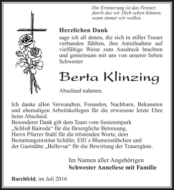 Traueranzeige von Berta Klinzing von Südthüringer Presse