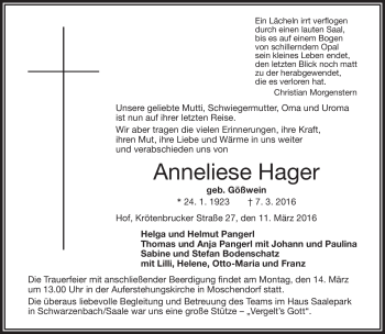 Traueranzeige von Anneliese Hager von Frankenpost