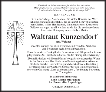 Traueranzeige von Waltraut Kutzendorf von Südthüringer Presse