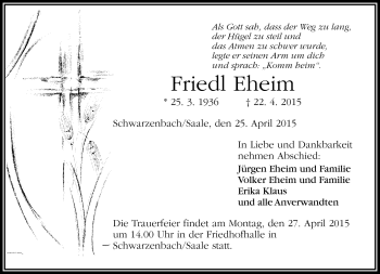 Traueranzeige von Friedl Eheim von Frankenpost
