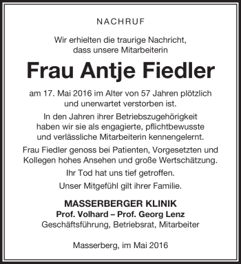 Traueranzeige von Antje Fiedler von Südthüringer Presse