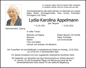 Traueranzeige von Lydia-Karolina Appelmann von Neue Presse Coburg