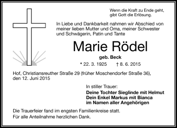 Traueranzeige von Marie Rödel von Frankenpost