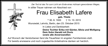Traueranzeige von Elisabeth Lafere von Frankenpost