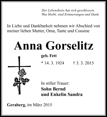 Traueranzeige von Anna Gorselitz von Südthüringer Presse