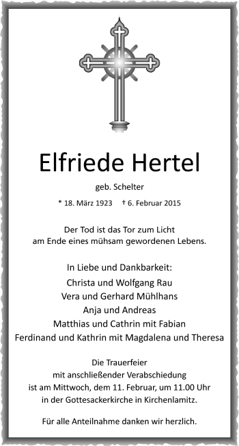 Traueranzeige von Elfriede Hertel von Frankenpost