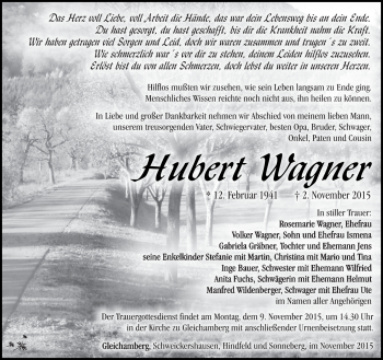 Traueranzeige von Hubert Wagner von Südthüringer Presse