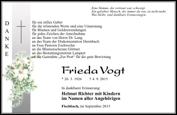 Traueranzeige von Frieda Vogt von Südthüringer Presse