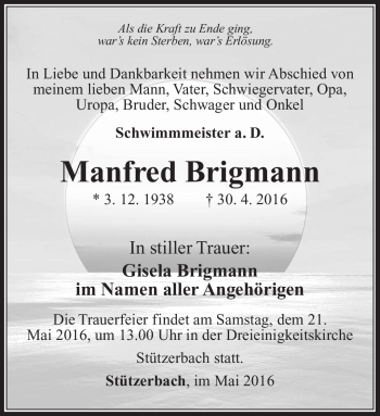 Traueranzeige von Manfred Brigmann von Südthüringer Presse