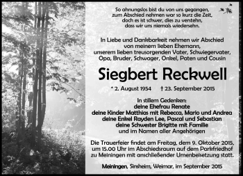 Traueranzeige von Siegbert Reckwell von Südthüringer Presse