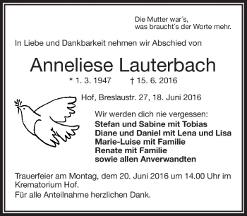 Traueranzeige von Anneliese Lauterbach von Frankenpost