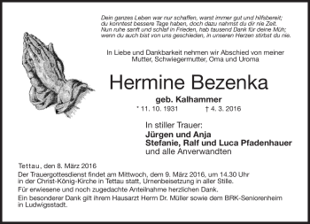 Traueranzeige von Hermine Bezenka von Neue Presse Coburg