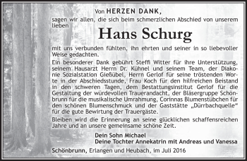 Traueranzeige von Hans Schurg von Südthüringer Presse