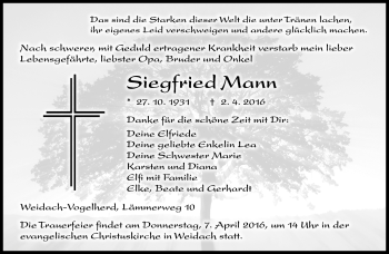 Traueranzeige von Siegfried Mann von Neue Presse Coburg