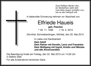 Traueranzeige von Elfriede Haueis von Frankenpost
