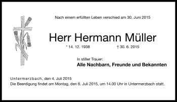 Traueranzeige von Hermann Müller von Neue Presse Coburg